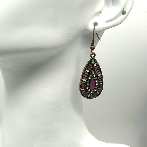 Vintage Mosaic Teardrop Earrings Rhinestone Dangle Boho - Picture 4 of 9